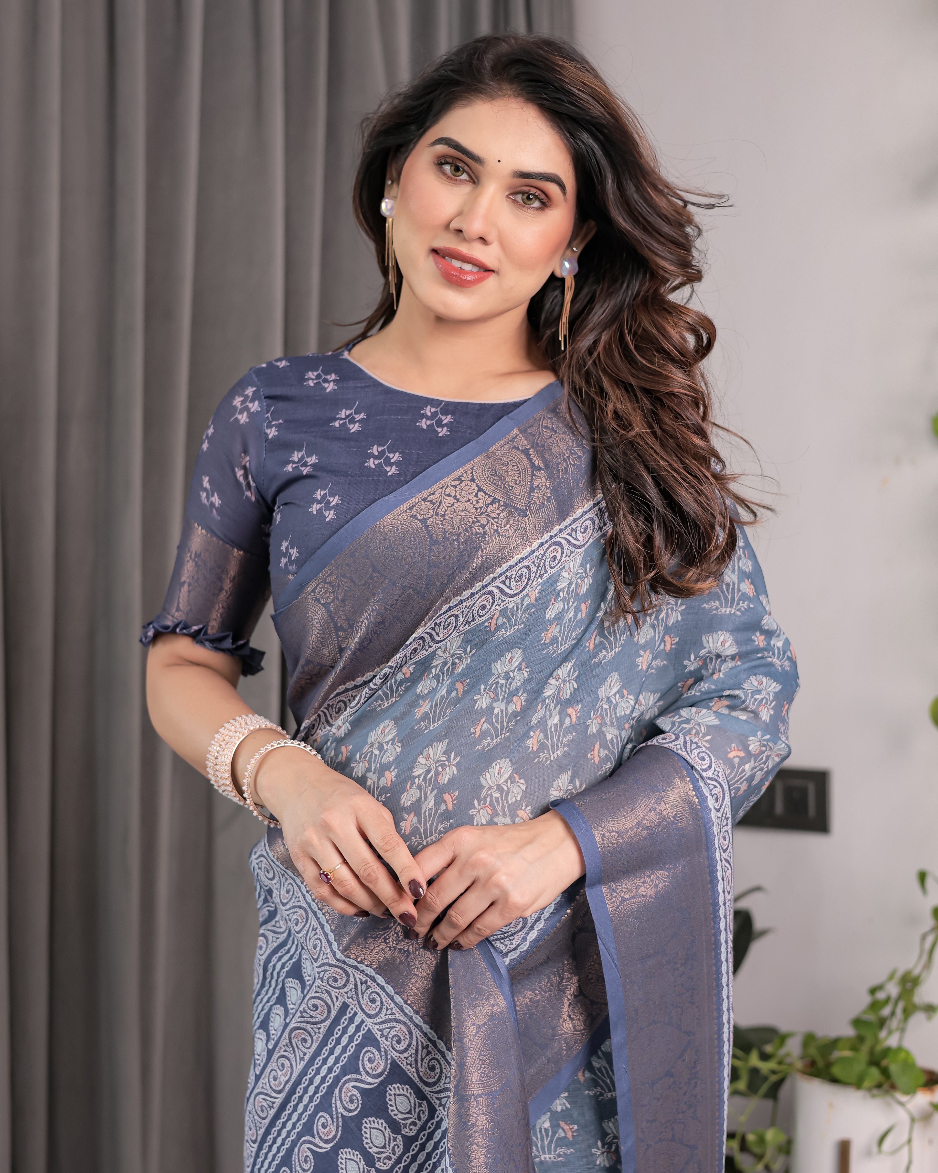 Slate Blue Handloom Linen Floral Printed Saree with Zari Border & Paisley Pallu | 5.5m Saree with 0.8m Blouse Piece | Tassel Finish