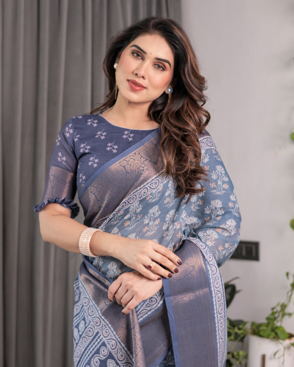 Slate Blue Handloom Linen Floral Printed Saree with Zari Border & Paisley Pallu | 5.5m Saree with 0.8m Blouse Piece | Tassel Finish