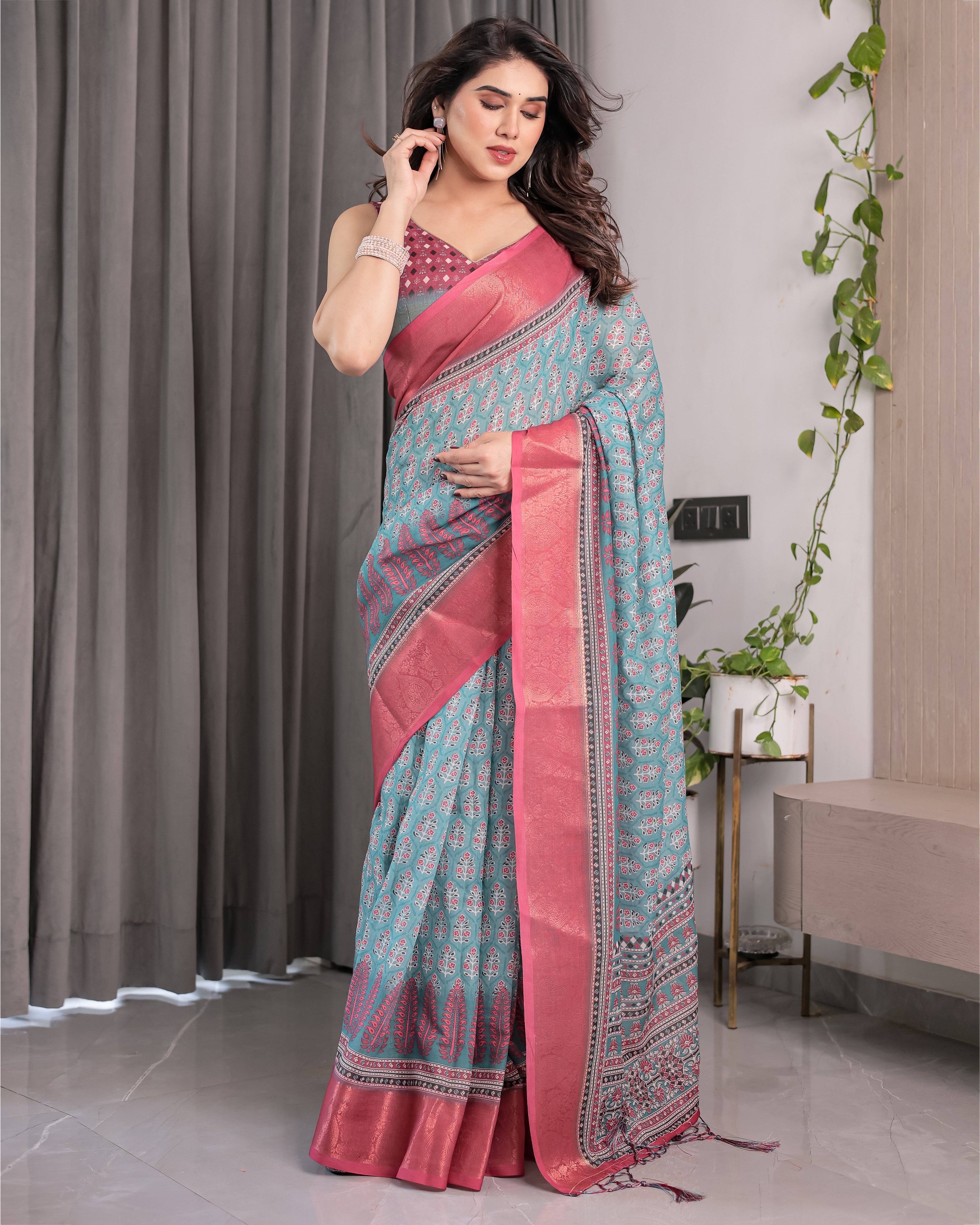 Teal Blue & Rani Pink Handloom Linen Saree with Ethnic Floral Print, Zari Border & Rich Pallu | Tassel Finish | 5.5m Saree + 0.8m Blouse