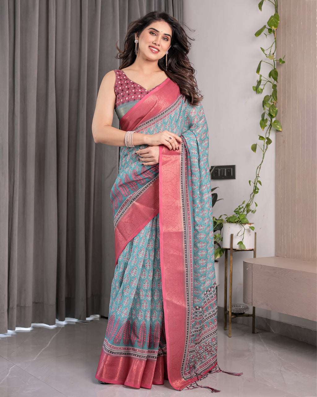 Teal Blue & Rani Pink Handloom Linen Saree with Ethnic Floral Print, Zari Border & Rich Pallu | Tassel Finish | 5.5m Saree + 0.8m Blouse
