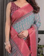 Teal Blue & Rani Pink Handloom Linen Saree with Ethnic Floral Print, Zari Border & Rich Pallu | Tassel Finish | 5.5m Saree + 0.8m Blouse