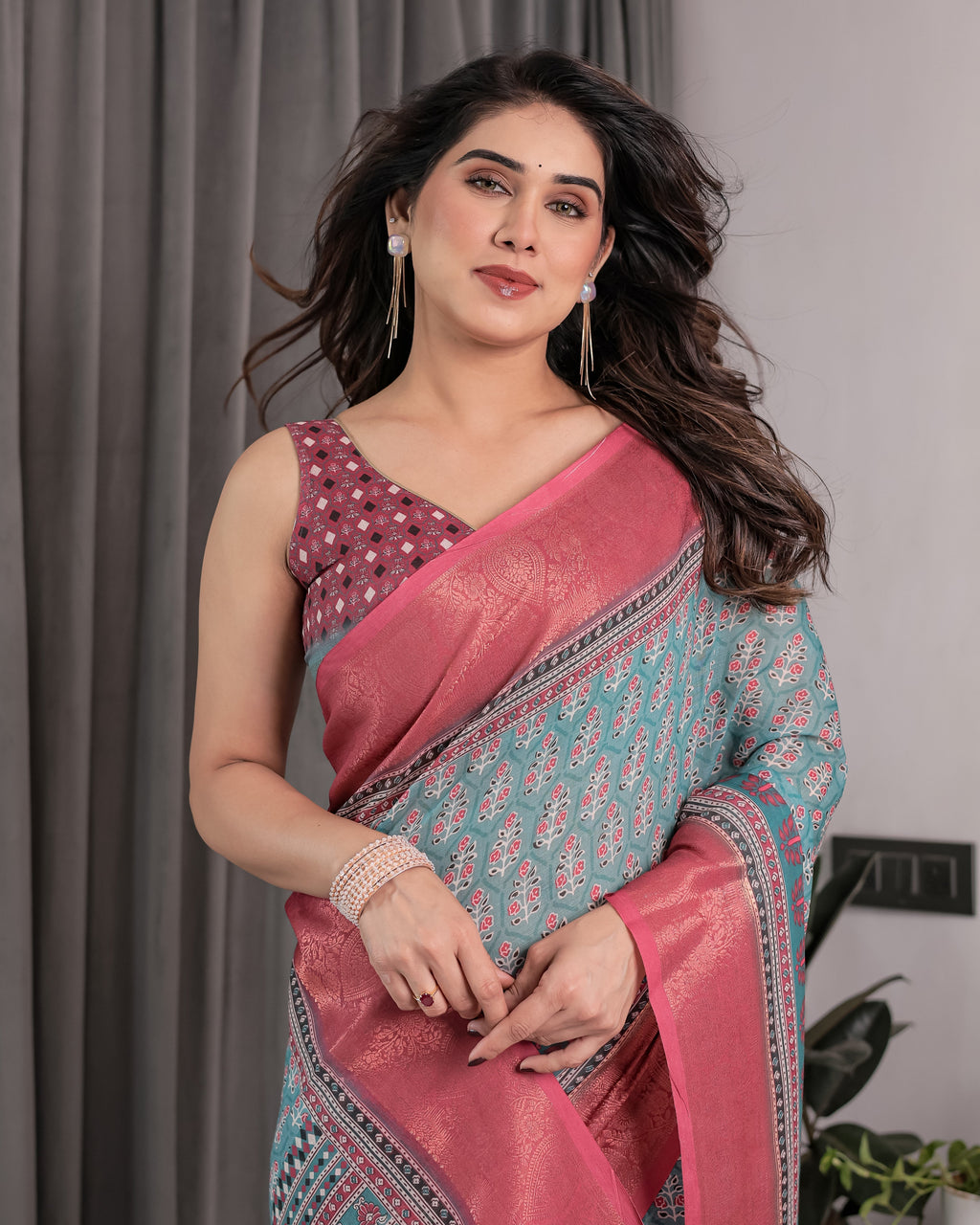 Teal Blue & Rani Pink Handloom Linen Saree with Ethnic Floral Print, Zari Border & Rich Pallu | Tassel Finish | 5.5m Saree + 0.8m Blouse