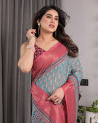 Teal Blue & Rani Pink Handloom Linen Saree with Ethnic Floral Print, Zari Border & Rich Pallu | Tassel Finish | 5.5m Saree + 0.8m Blouse