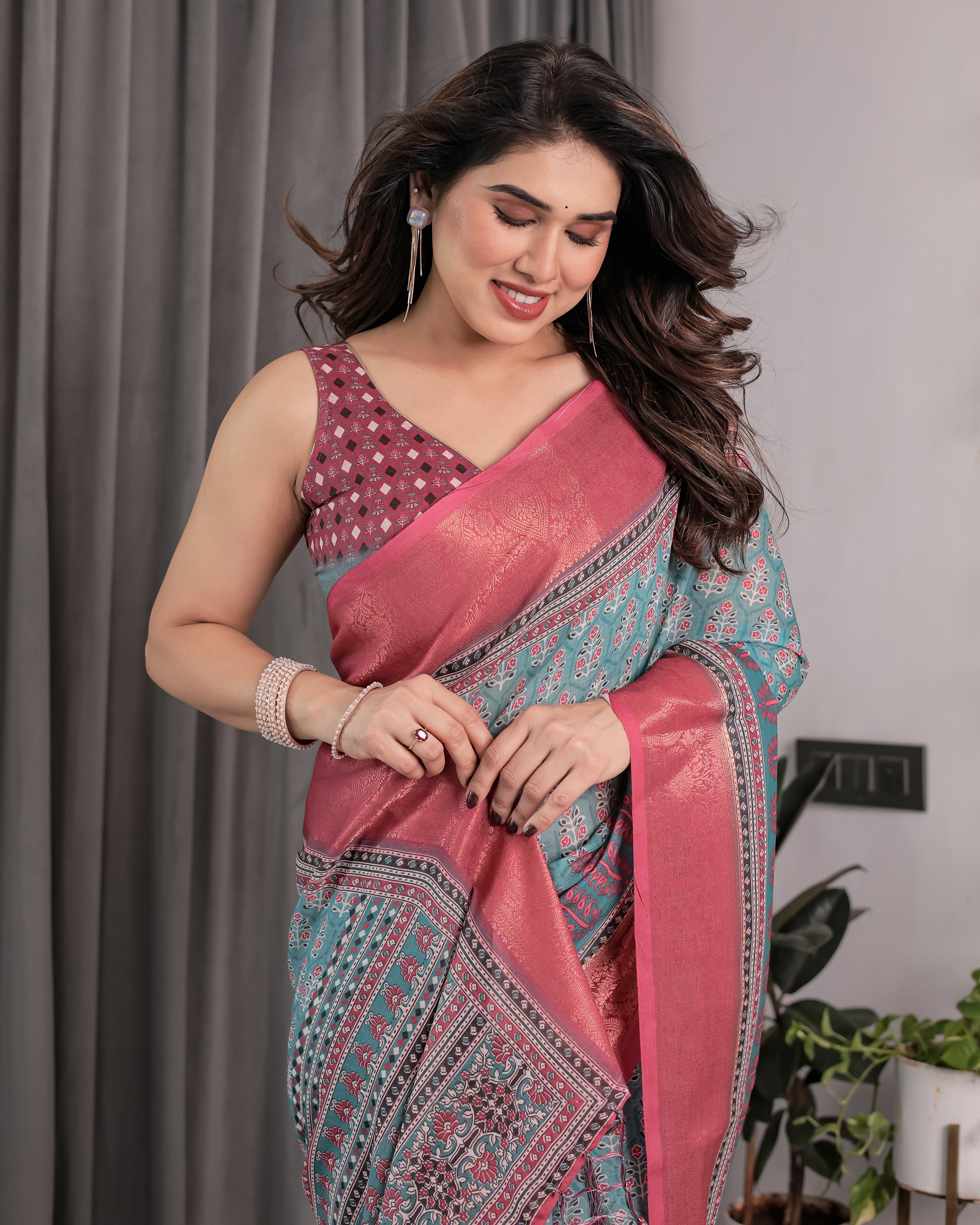 Teal Blue & Rani Pink Handloom Linen Saree with Ethnic Floral Print, Zari Border & Rich Pallu | Tassel Finish | 5.5m Saree + 0.8m Blouse