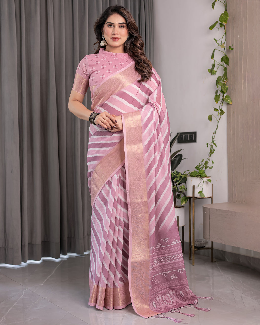 Dusty Pink Linen Handloom Saree with White Geometric Stripes & Tribal Pattern Pallu | Zari Border | 5.5m Saree + 0.8m Blouse with Tassels