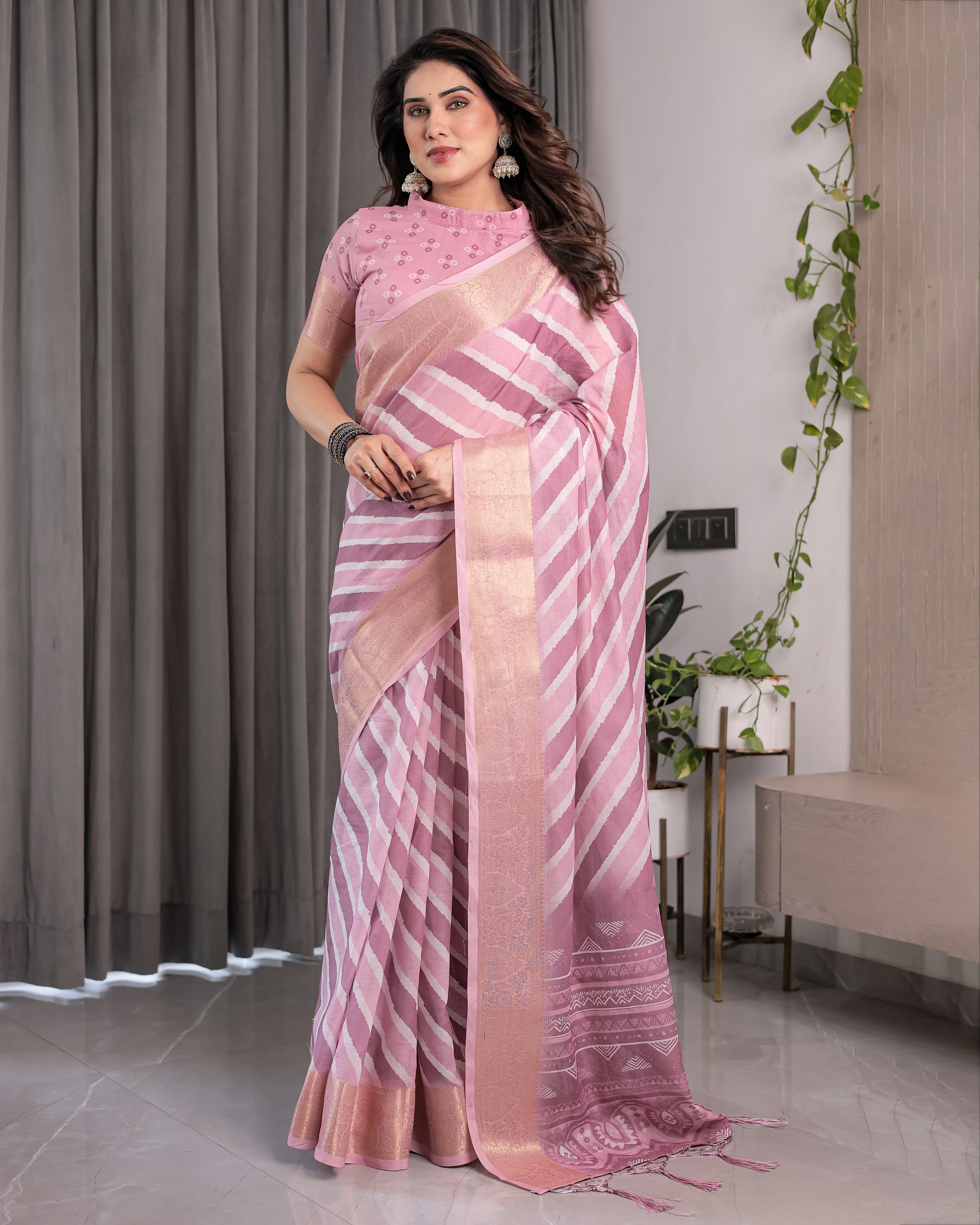 Dusty Pink Linen Handloom Saree with White Geometric Stripes & Tribal Pattern Pallu | Zari Border | 5.5m Saree + 0.8m Blouse with Tassels