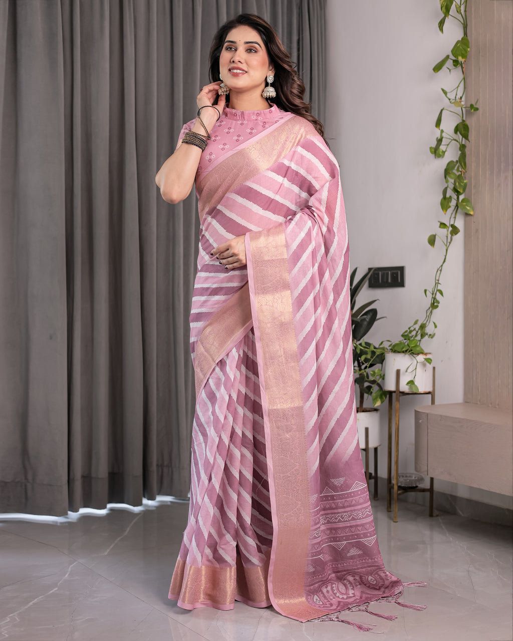 Dusty Pink Linen Handloom Saree with White Geometric Stripes & Tribal Pattern Pallu | Zari Border | 5.5m Saree + 0.8m Blouse with Tassels