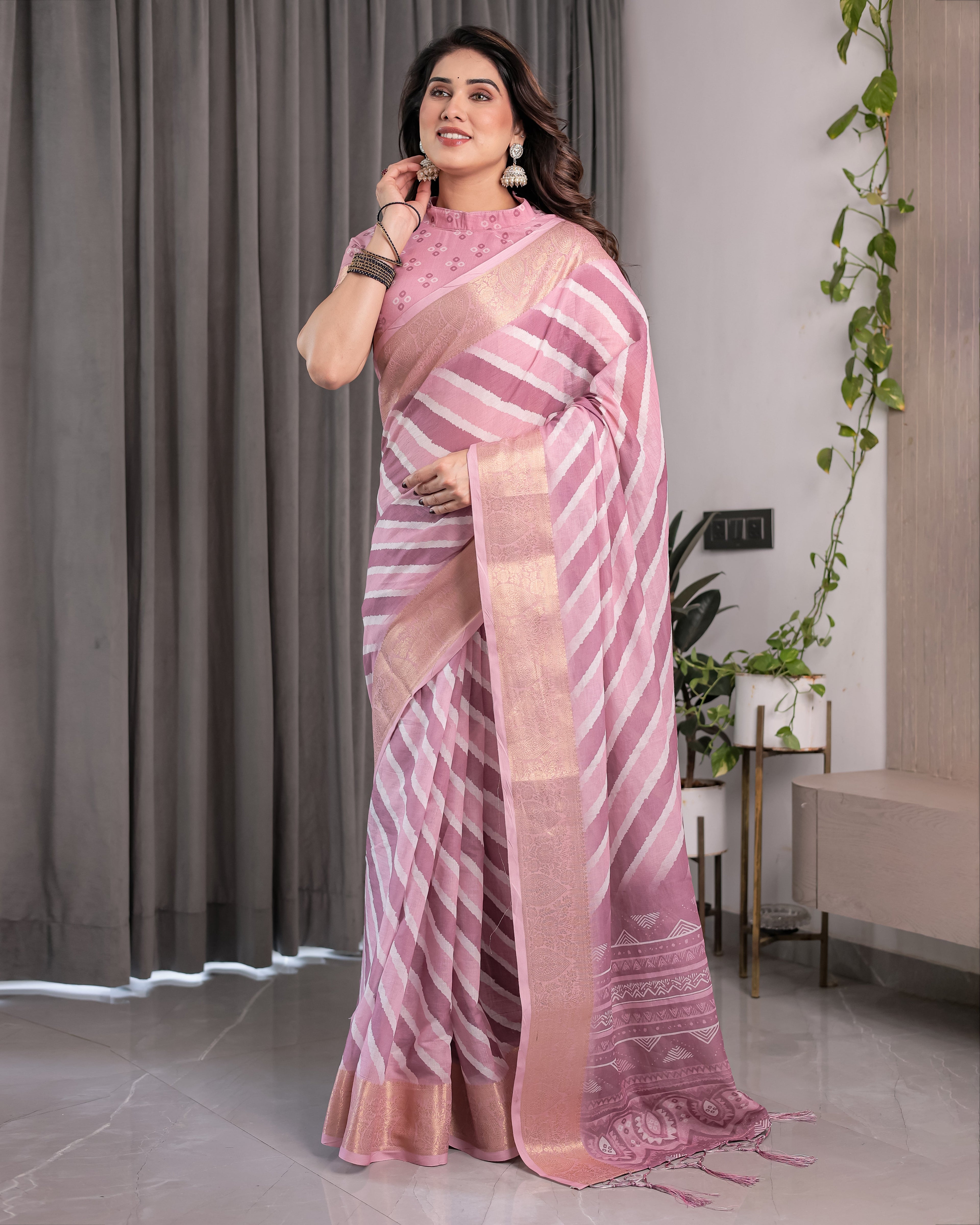 Dusty Pink Linen Handloom Saree with White Geometric Stripes & Tribal Pattern Pallu | Zari Border | 5.5m Saree + 0.8m Blouse with Tassels