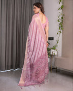 Dusty Pink Linen Handloom Saree with White Geometric Stripes & Tribal Pattern Pallu | Zari Border | 5.5m Saree + 0.8m Blouse with Tassels