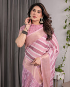 Dusty Pink Linen Handloom Saree with White Geometric Stripes & Tribal Pattern Pallu | Zari Border | 5.5m Saree + 0.8m Blouse with Tassels