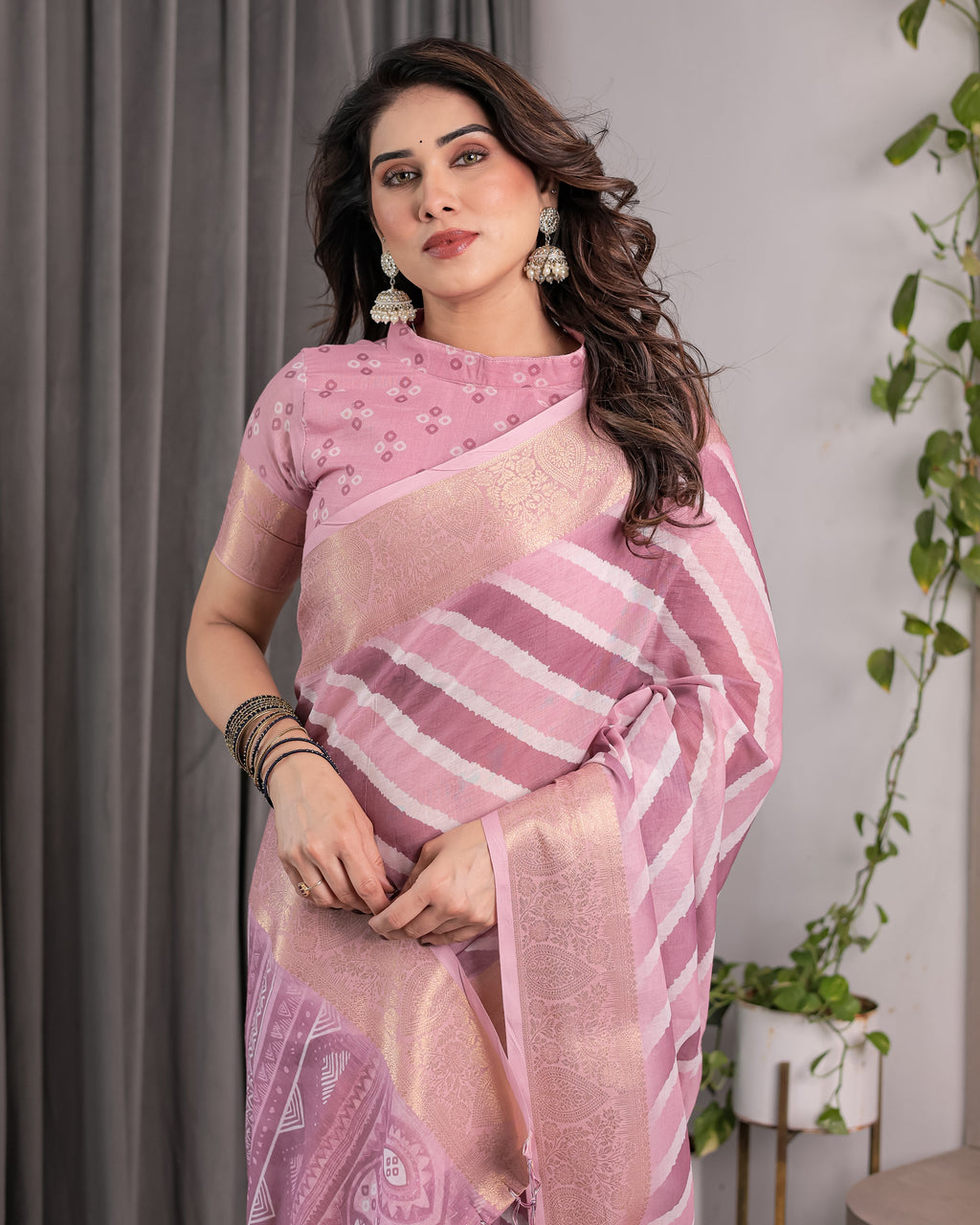 Dusty Pink Linen Handloom Saree with White Geometric Stripes & Tribal Pattern Pallu | Zari Border | 5.5m Saree + 0.8m Blouse with Tassels