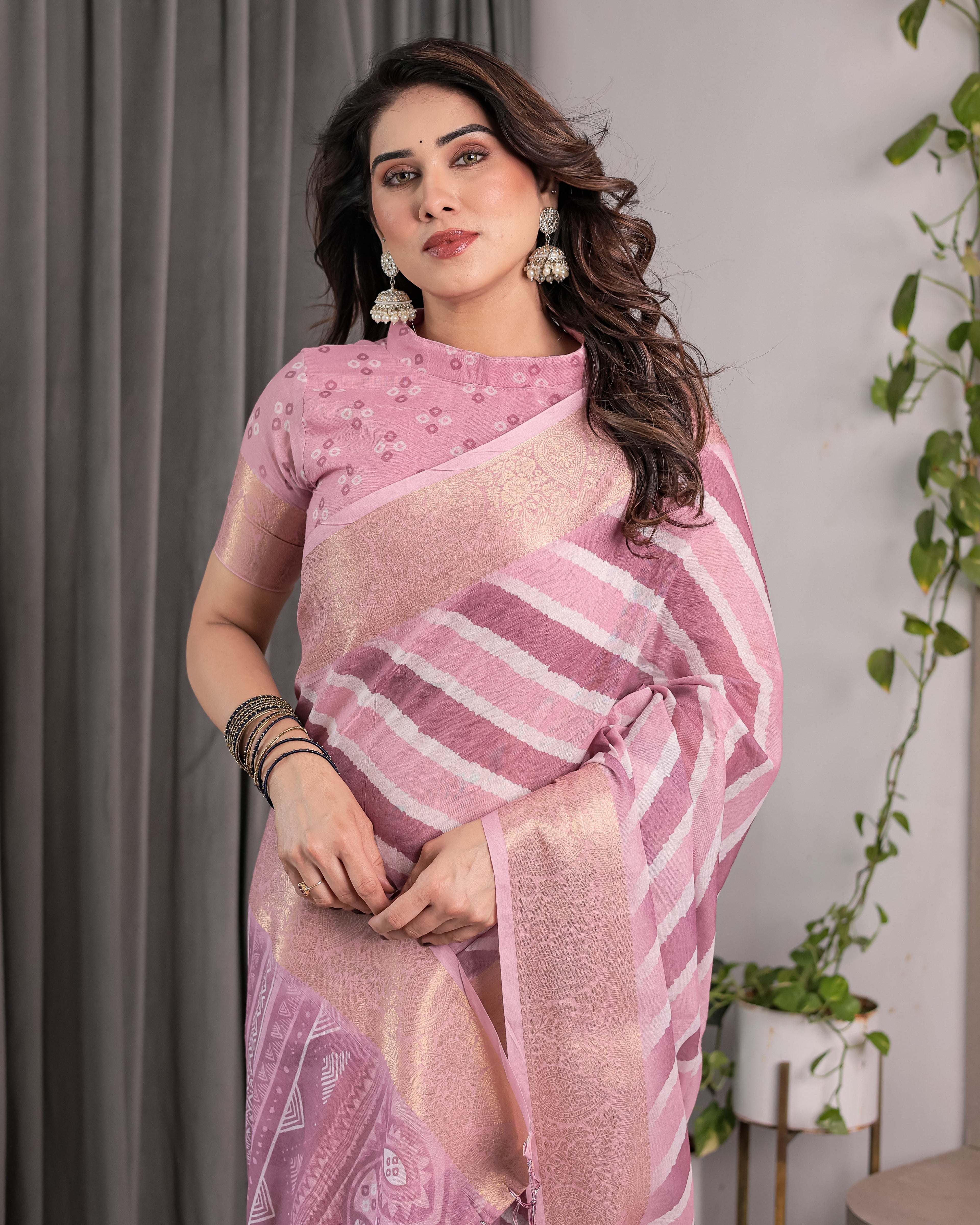Dusty Pink Linen Handloom Saree with White Geometric Stripes & Tribal Pattern Pallu | Zari Border | 5.5m Saree + 0.8m Blouse with Tassels