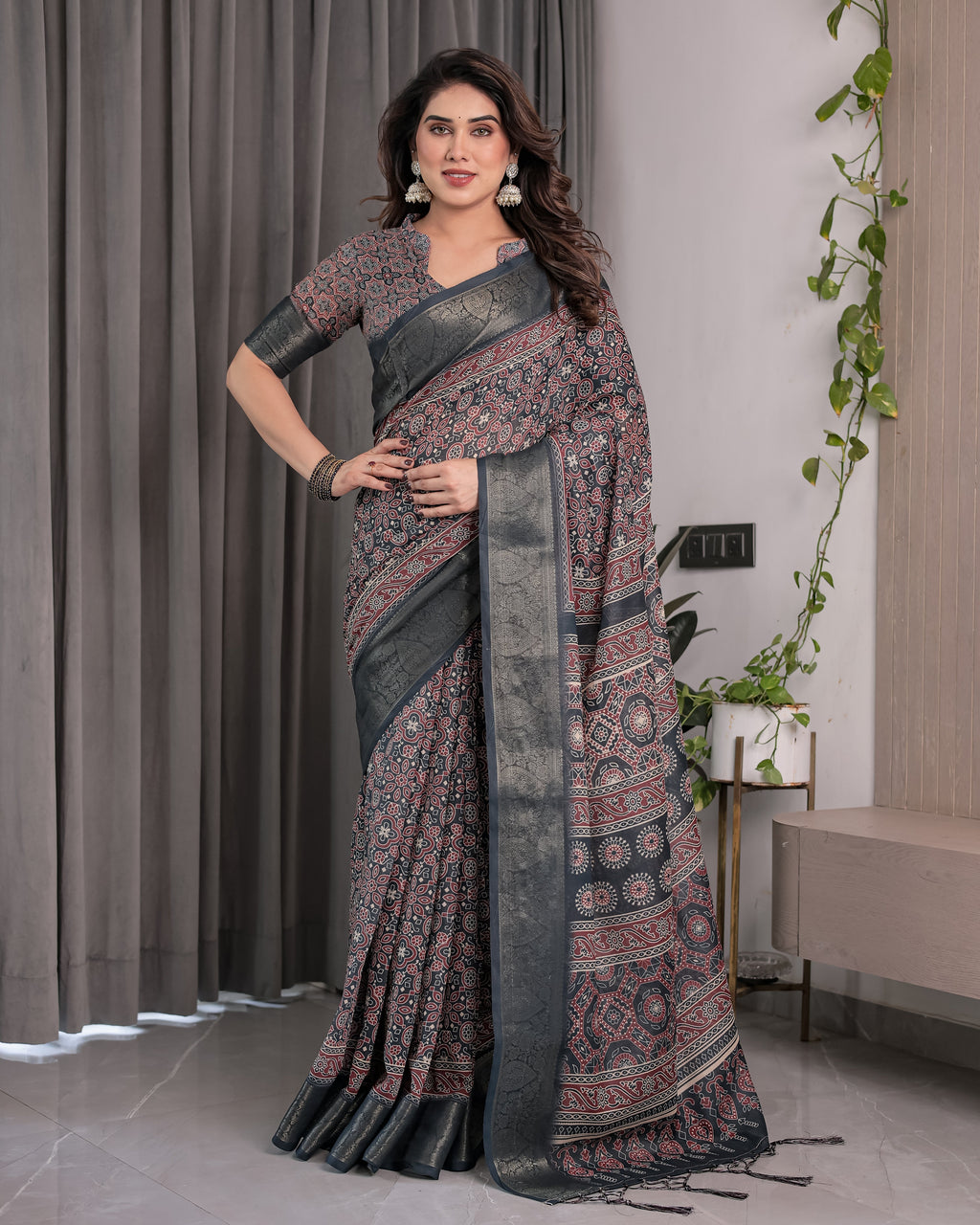 Charcoal Black Handloom Linen Saree with Traditional Ajrakh-Inspired Print & Tassels | 5.5m Saree + 0.8m Blouse Piece | Zari Border