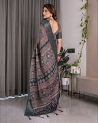 Charcoal Black Handloom Linen Saree with Traditional Ajrakh-Inspired Print & Tassels | 5.5m Saree + 0.8m Blouse Piece | Zari Border