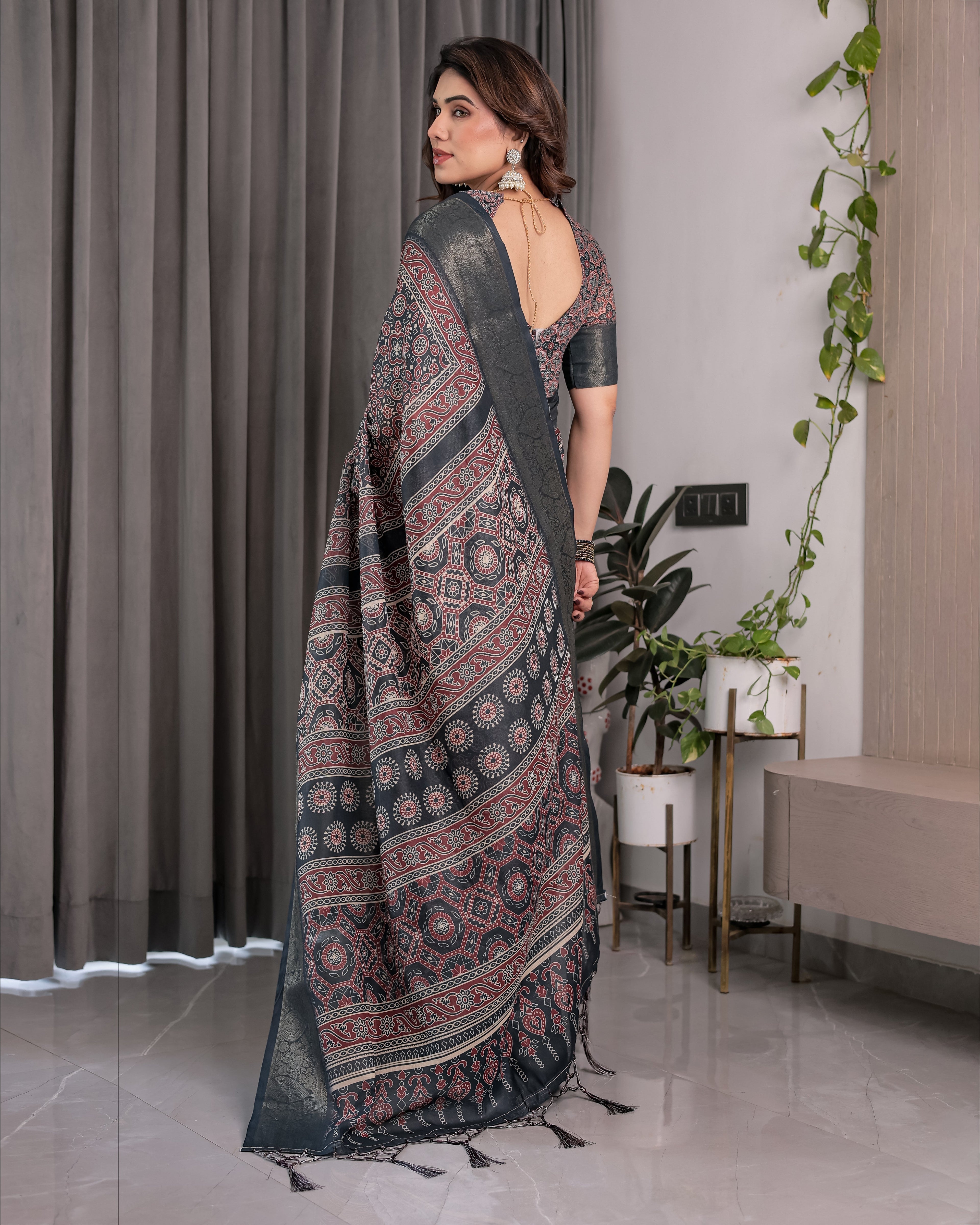 Charcoal Black Handloom Linen Saree with Traditional Ajrakh-Inspired Print & Tassels | 5.5m Saree + 0.8m Blouse Piece | Zari Border