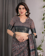 Charcoal Black Handloom Linen Saree with Traditional Ajrakh-Inspired Print & Tassels | 5.5m Saree + 0.8m Blouse Piece | Zari Border