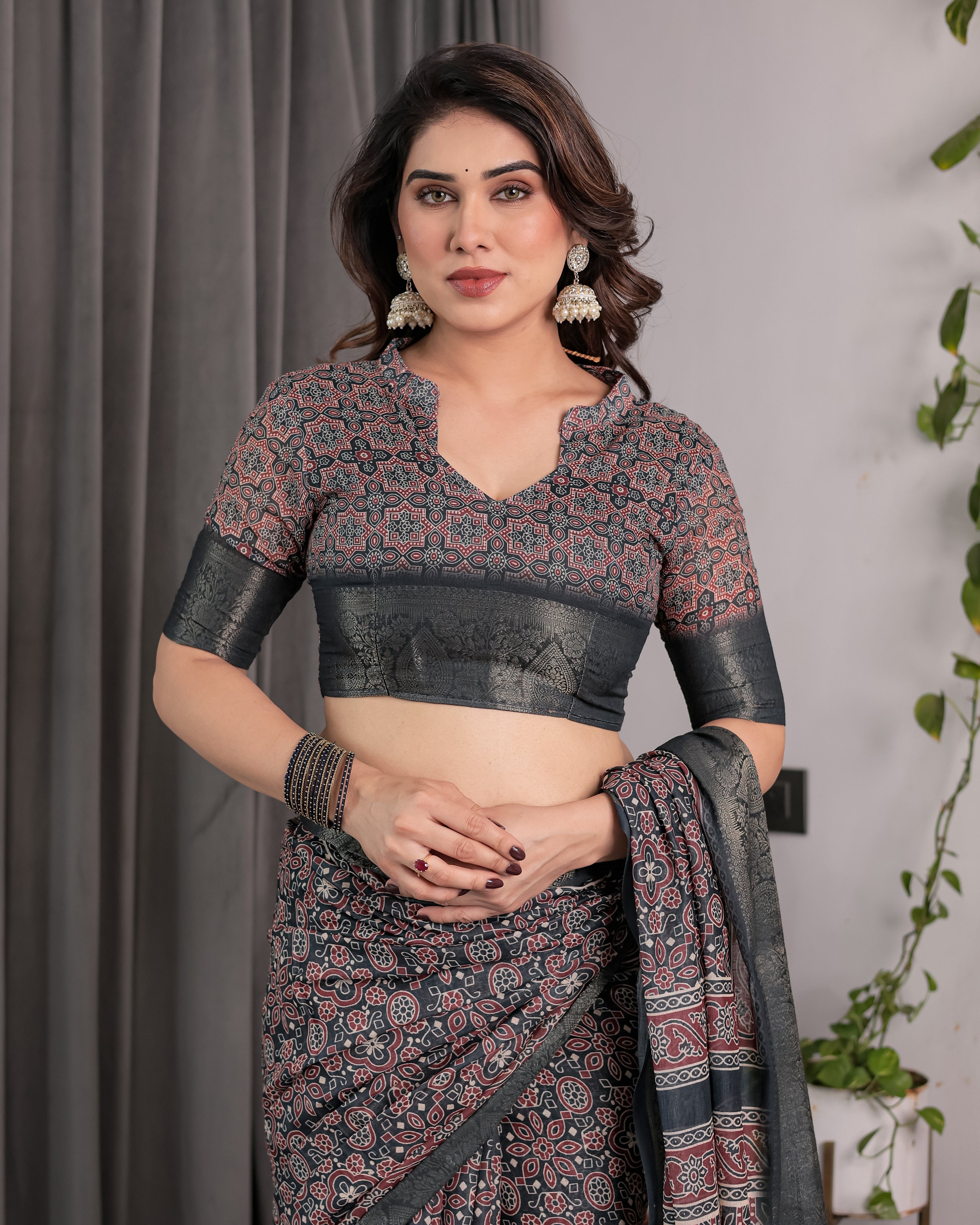 Charcoal Black Handloom Linen Saree with Traditional Ajrakh-Inspired Print & Tassels | 5.5m Saree + 0.8m Blouse Piece | Zari Border