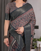 Charcoal Black Handloom Linen Saree with Traditional Ajrakh-Inspired Print & Tassels | 5.5m Saree + 0.8m Blouse Piece | Zari Border