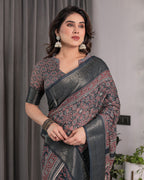 Charcoal Black Handloom Linen Saree with Traditional Ajrakh-Inspired Print & Tassels | 5.5m Saree + 0.8m Blouse Piece | Zari Border