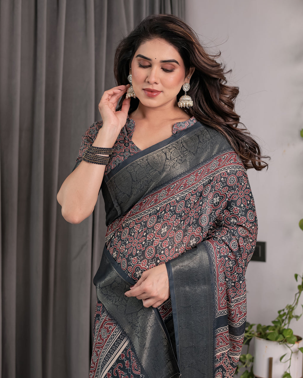 Charcoal Black Handloom Linen Saree with Traditional Ajrakh-Inspired Print & Tassels | 5.5m Saree + 0.8m Blouse Piece | Zari Border