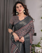 Charcoal Black Handloom Linen Saree with Traditional Ajrakh-Inspired Print & Tassels | 5.5m Saree + 0.8m Blouse Piece | Zari Border