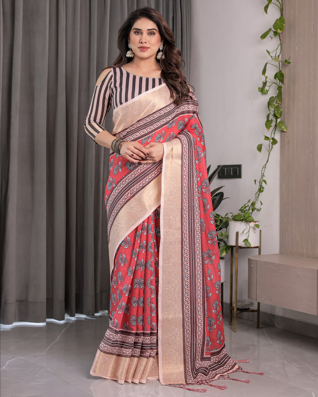 Rust Red Handloom Cotton Linen Saree with Black Floral Buti Print & Zari Border | Ethnic Striped Blouse | 5.5m Saree + 0.8m Blouse Piece