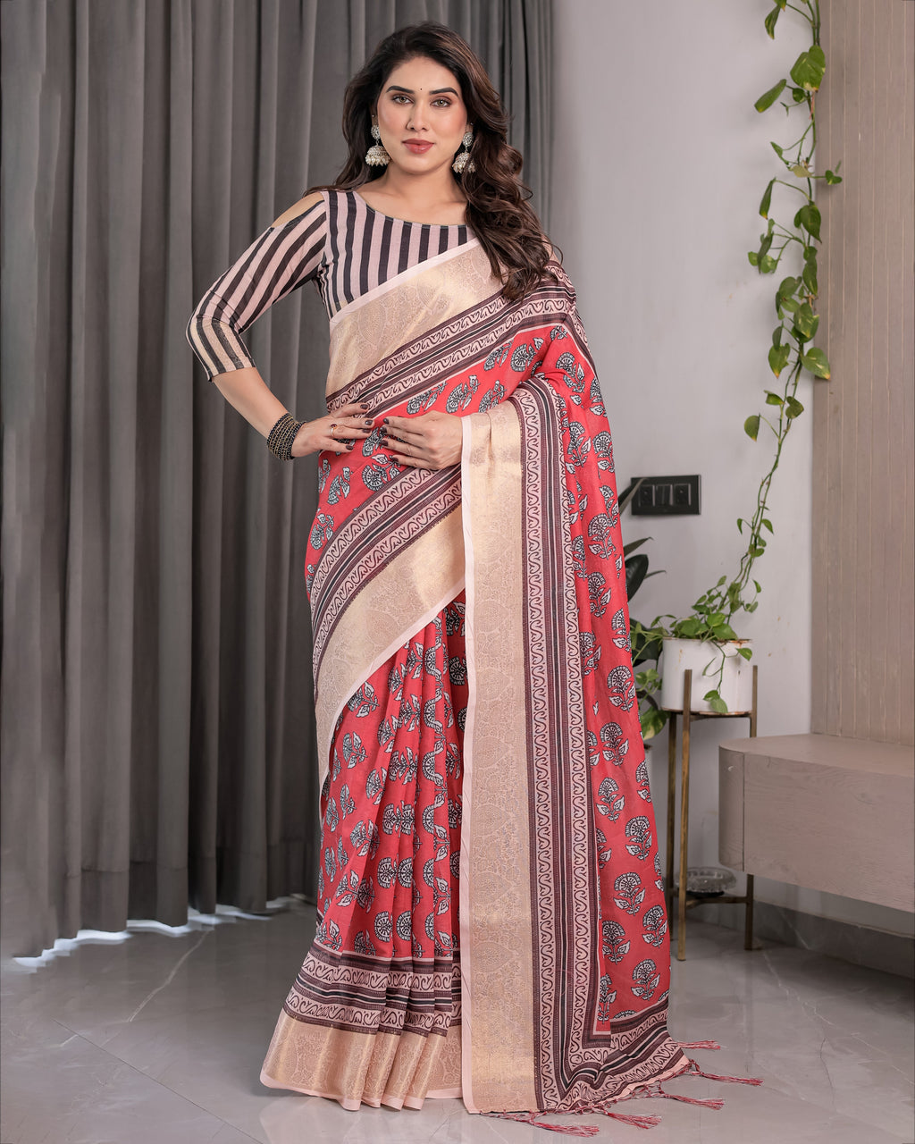 Rust Red Handloom Cotton Linen Saree with Black Floral Buti Print & Zari Border | Ethnic Striped Blouse | 5.5m Saree + 0.8m Blouse Piece
