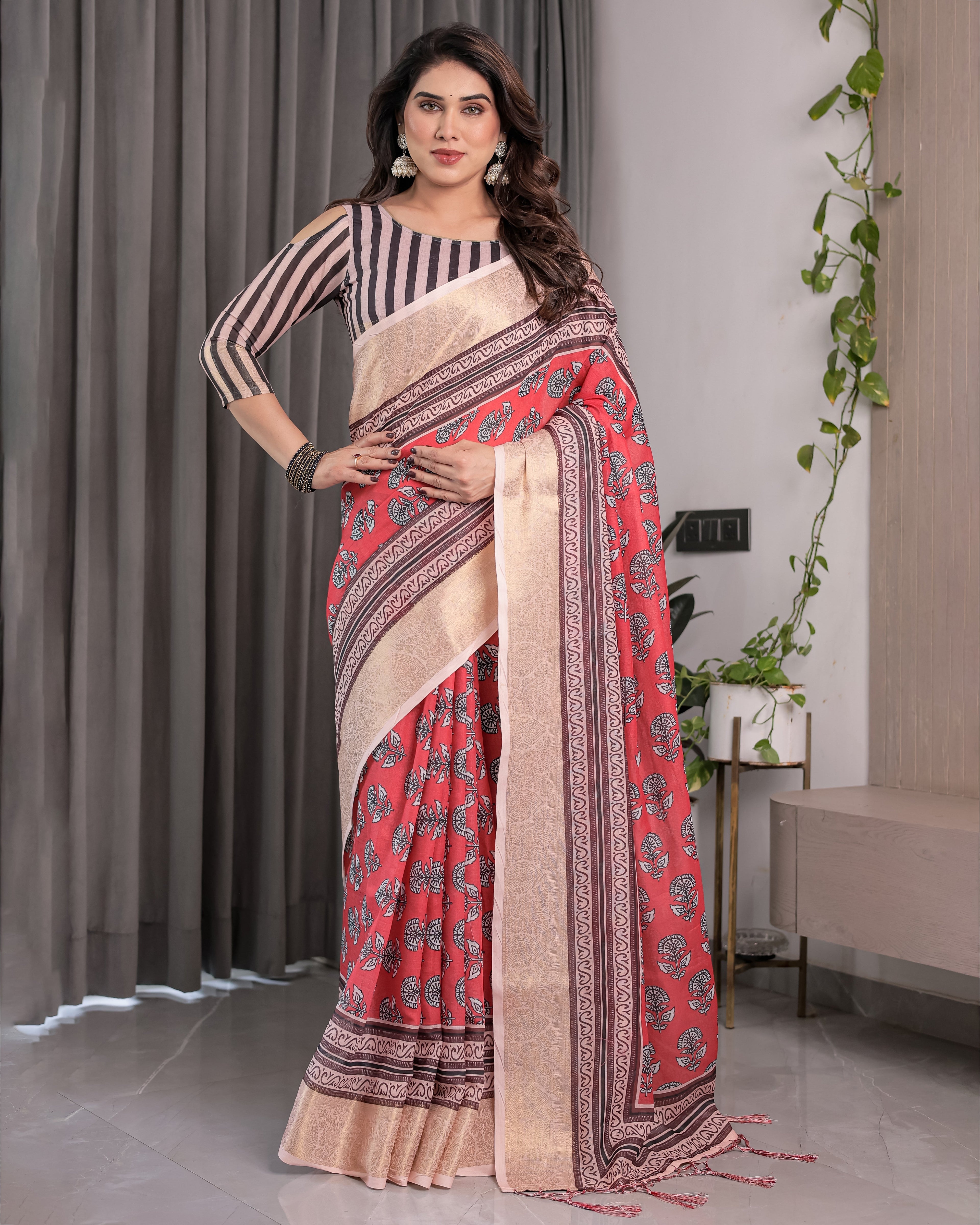 Rust Red Handloom Cotton Linen Saree with Black Floral Buti Print & Zari Border | Ethnic Striped Blouse | 5.5m Saree + 0.8m Blouse Piece