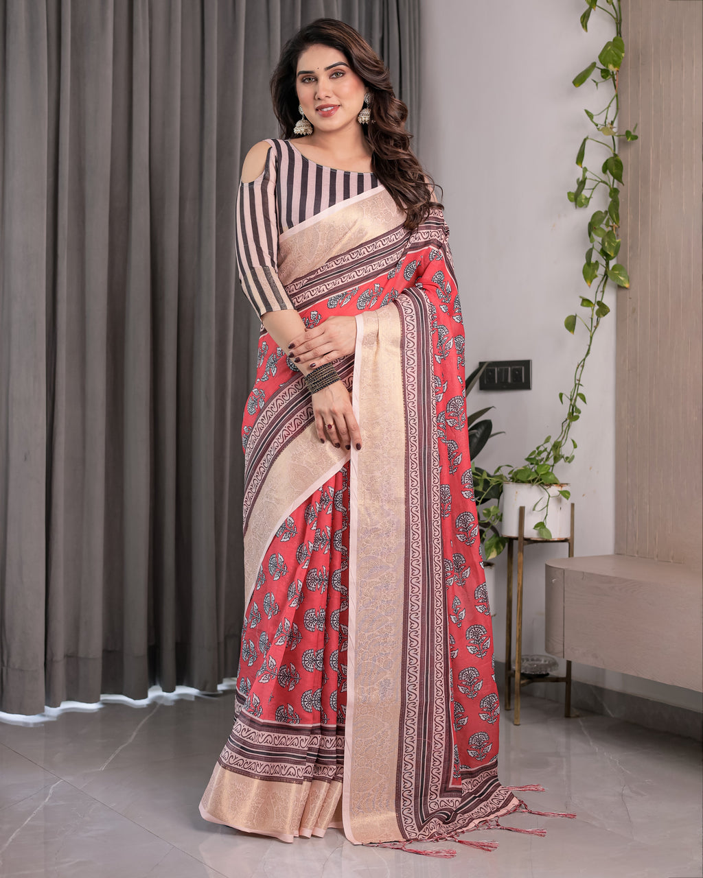 Rust Red Handloom Cotton Linen Saree with Black Floral Buti Print & Zari Border | Ethnic Striped Blouse | 5.5m Saree + 0.8m Blouse Piece