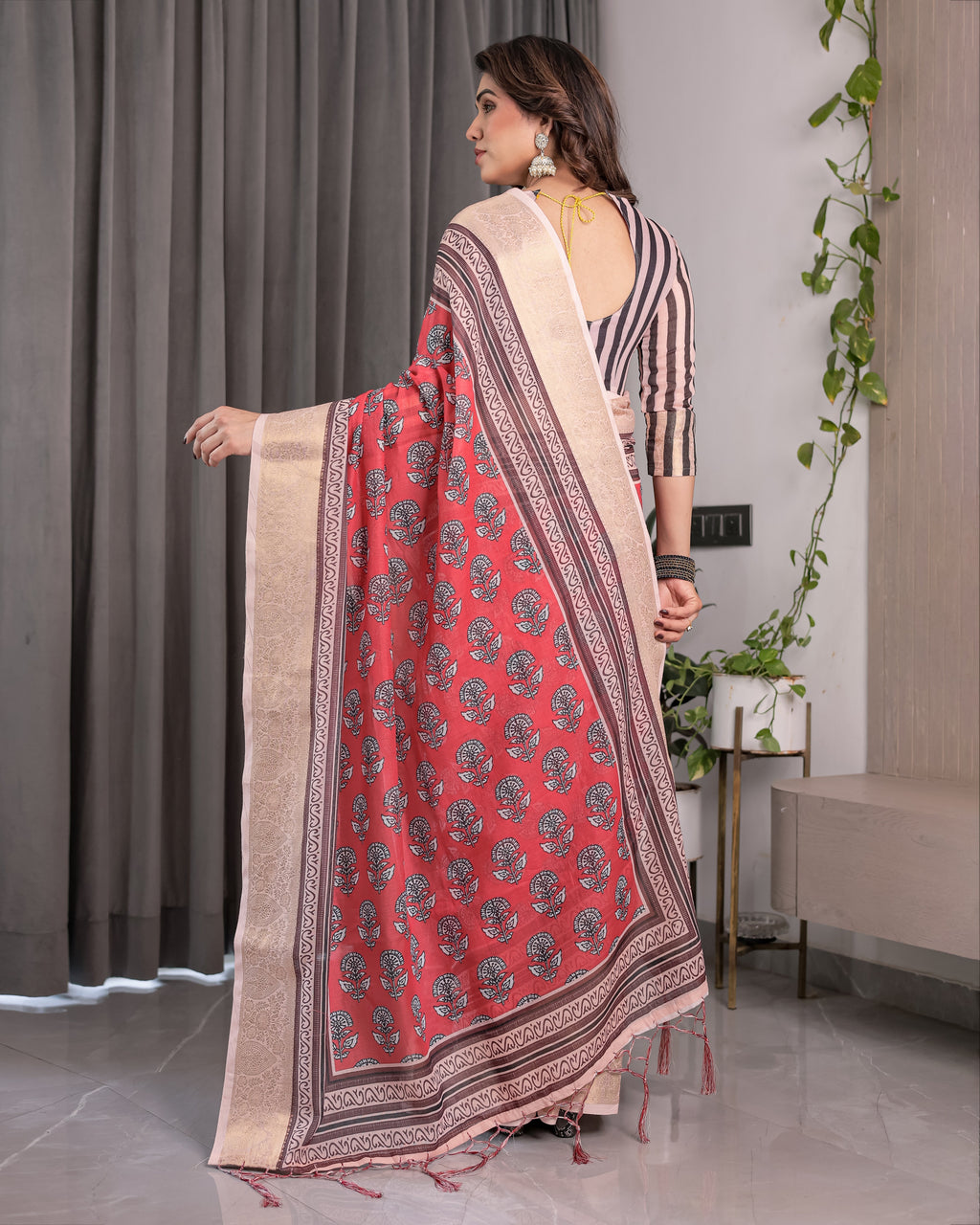 Rust Red Handloom Cotton Linen Saree with Black Floral Buti Print & Zari Border | Ethnic Striped Blouse | 5.5m Saree + 0.8m Blouse Piece