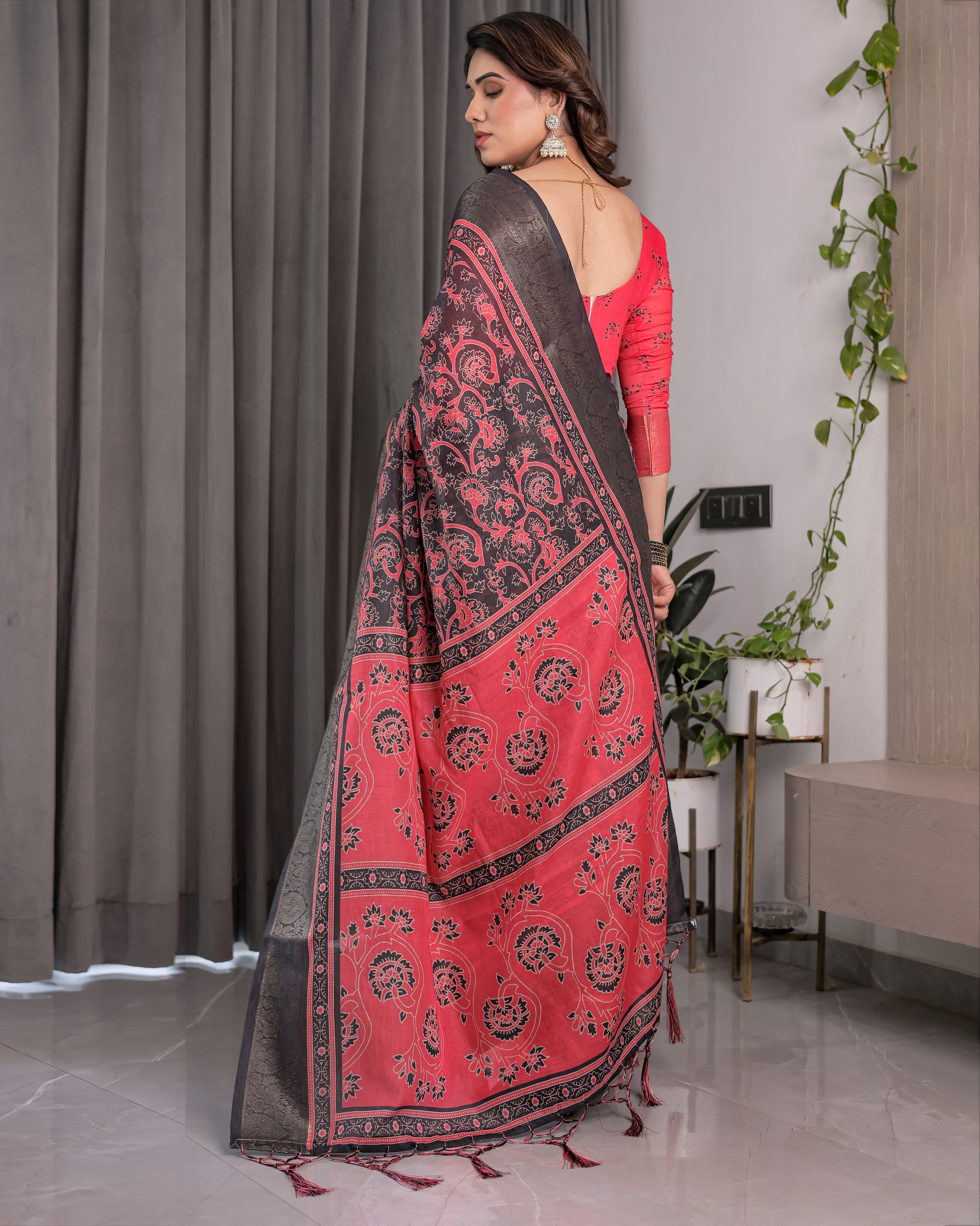 Crimson Red & Black Handloom Linen Saree with Traditional Paisley & Floral Buti Print | Antique Zari Border | 5.5m Saree + 0.8m Blouse