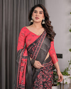Crimson Red & Black Handloom Linen Saree with Traditional Paisley & Floral Buti Print | Antique Zari Border | 5.5m Saree + 0.8m Blouse