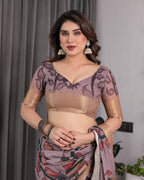 Dusty Mauve Saree with Madhubani Fish Motifs & Antique Zari Border | Cultural Art Digital Print | 5.5m Saree + 0.8m Blouse Piece