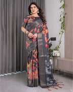 Black Organza-Feel Saree with Red & Grey Floral Digital Prints and Zari Border | Festive Lightweight Drape | 5.5m Saree + 0.8m Blouse Piece