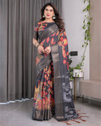 Black Organza-Feel Saree with Red & Grey Floral Digital Prints and Zari Border | Festive Lightweight Drape | 5.5m Saree + 0.8m Blouse Piece