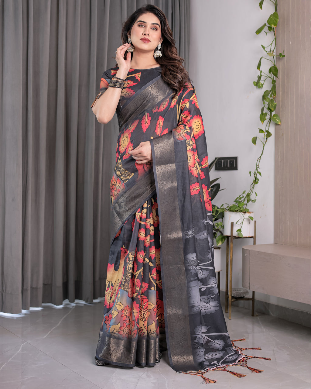 Black Organza-Feel Saree with Red & Grey Floral Digital Prints and Zari Border | Festive Lightweight Drape | 5.5m Saree + 0.8m Blouse Piece