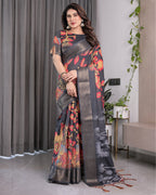 Black Organza-Feel Saree with Red & Grey Floral Digital Prints and Zari Border | Festive Lightweight Drape | 5.5m Saree + 0.8m Blouse Piece