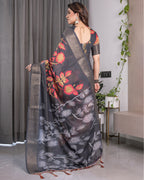 Black Organza-Feel Saree with Red & Grey Floral Digital Prints and Zari Border | Festive Lightweight Drape | 5.5m Saree + 0.8m Blouse Piece