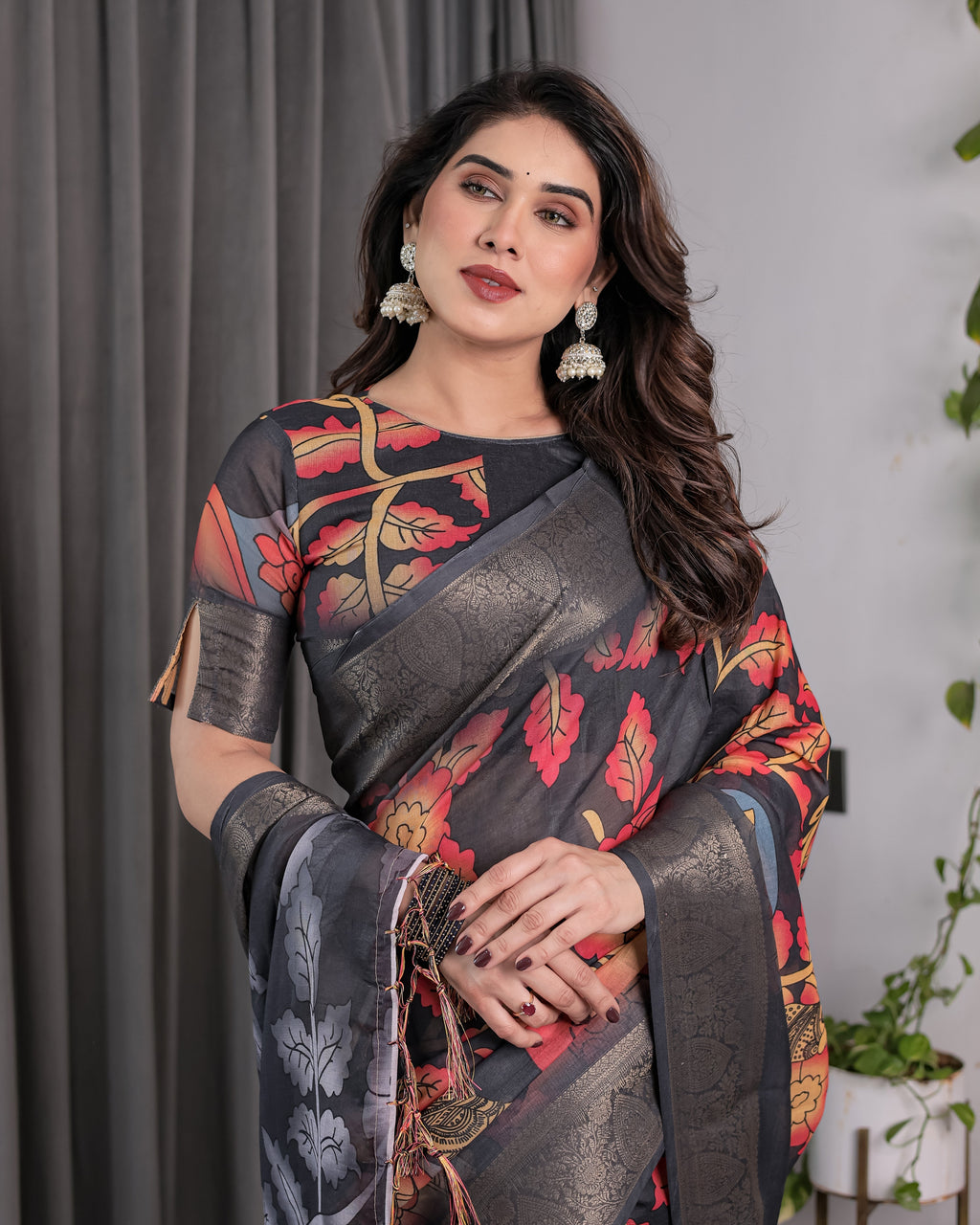 Black Organza-Feel Saree with Red & Grey Floral Digital Prints and Zari Border | Festive Lightweight Drape | 5.5m Saree + 0.8m Blouse Piece