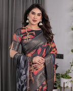 Black Organza-Feel Saree with Red & Grey Floral Digital Prints and Zari Border | Festive Lightweight Drape | 5.5m Saree + 0.8m Blouse Piece