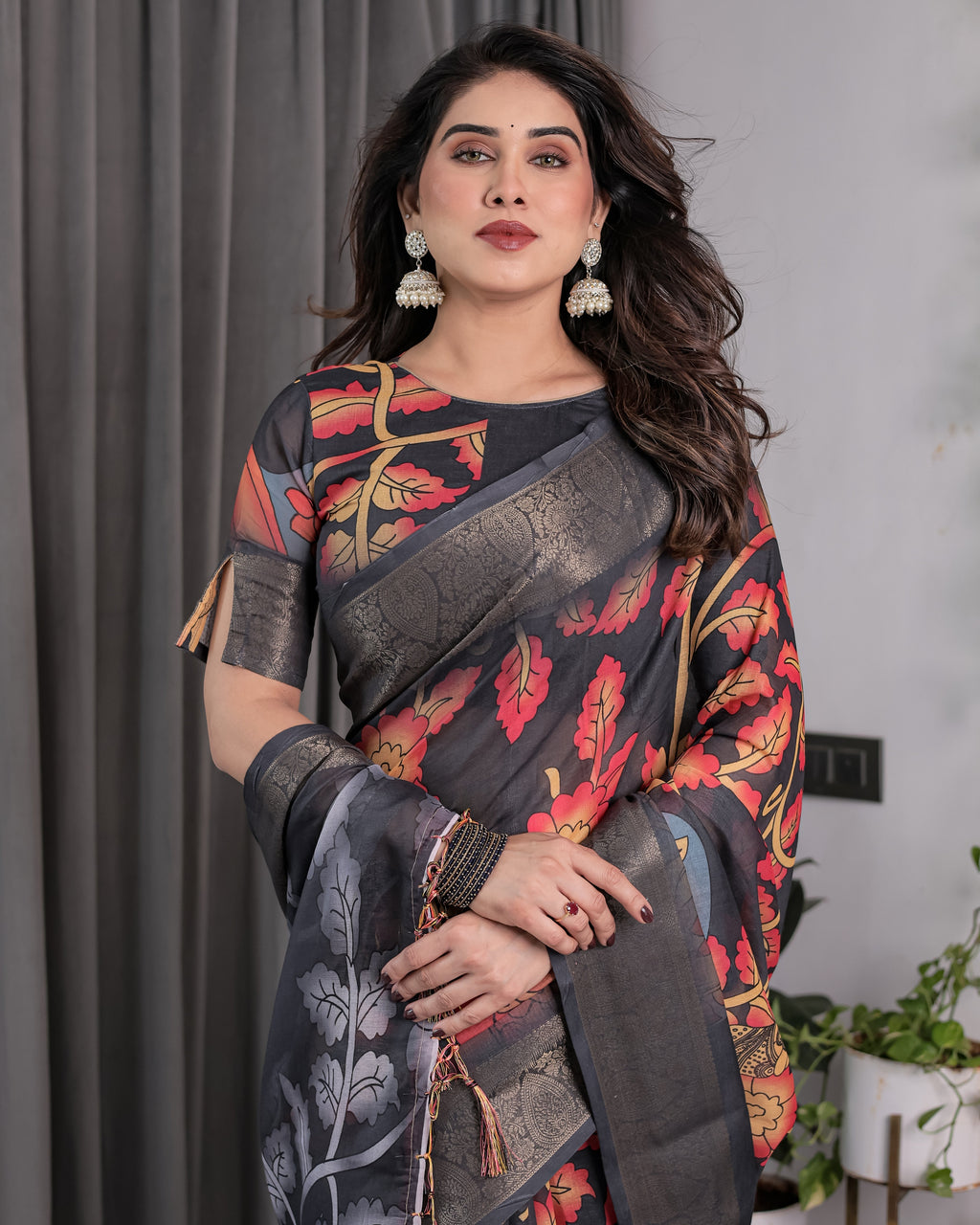 Black Organza-Feel Saree with Red & Grey Floral Digital Prints and Zari Border | Festive Lightweight Drape | 5.5m Saree + 0.8m Blouse Piece