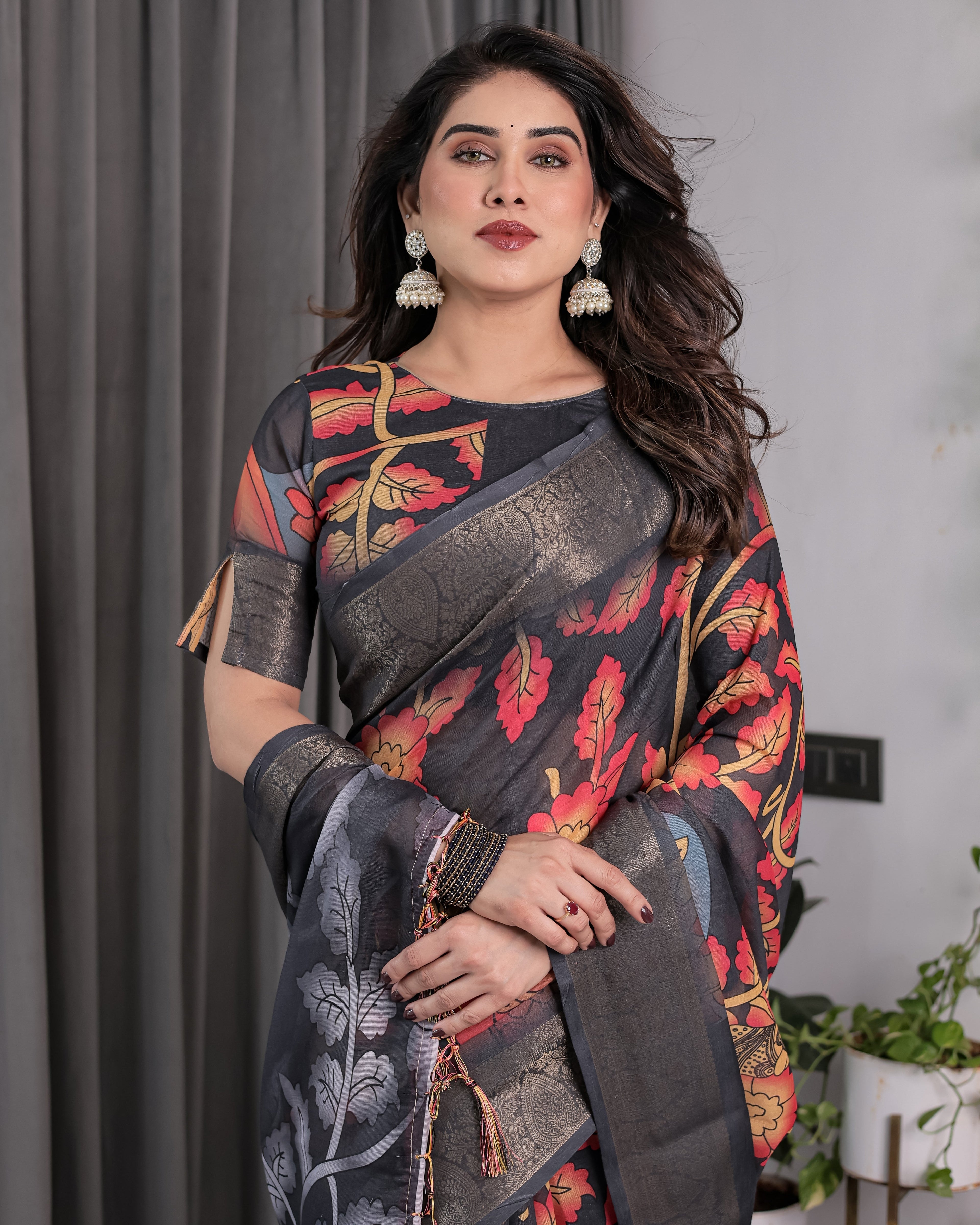 Black Organza-Feel Saree with Red & Grey Floral Digital Prints and Zari Border | Festive Lightweight Drape | 5.5m Saree + 0.8m Blouse Piece