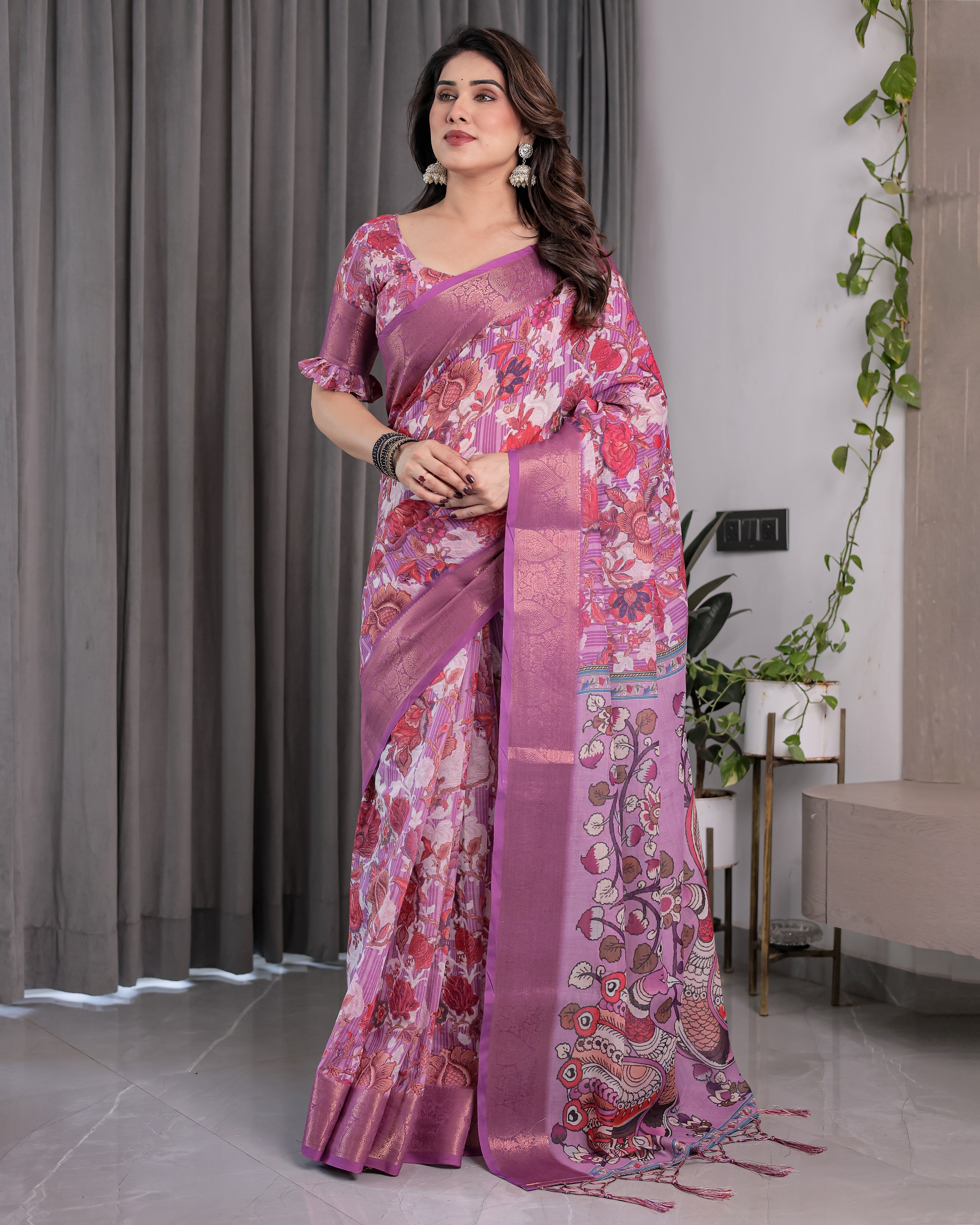 Lavender Pink Handloom Linen Saree with Royal Peacock & Floral Kalamkari Print | Zari Border | 5.5m Saree + 0.8m Blouse Piece