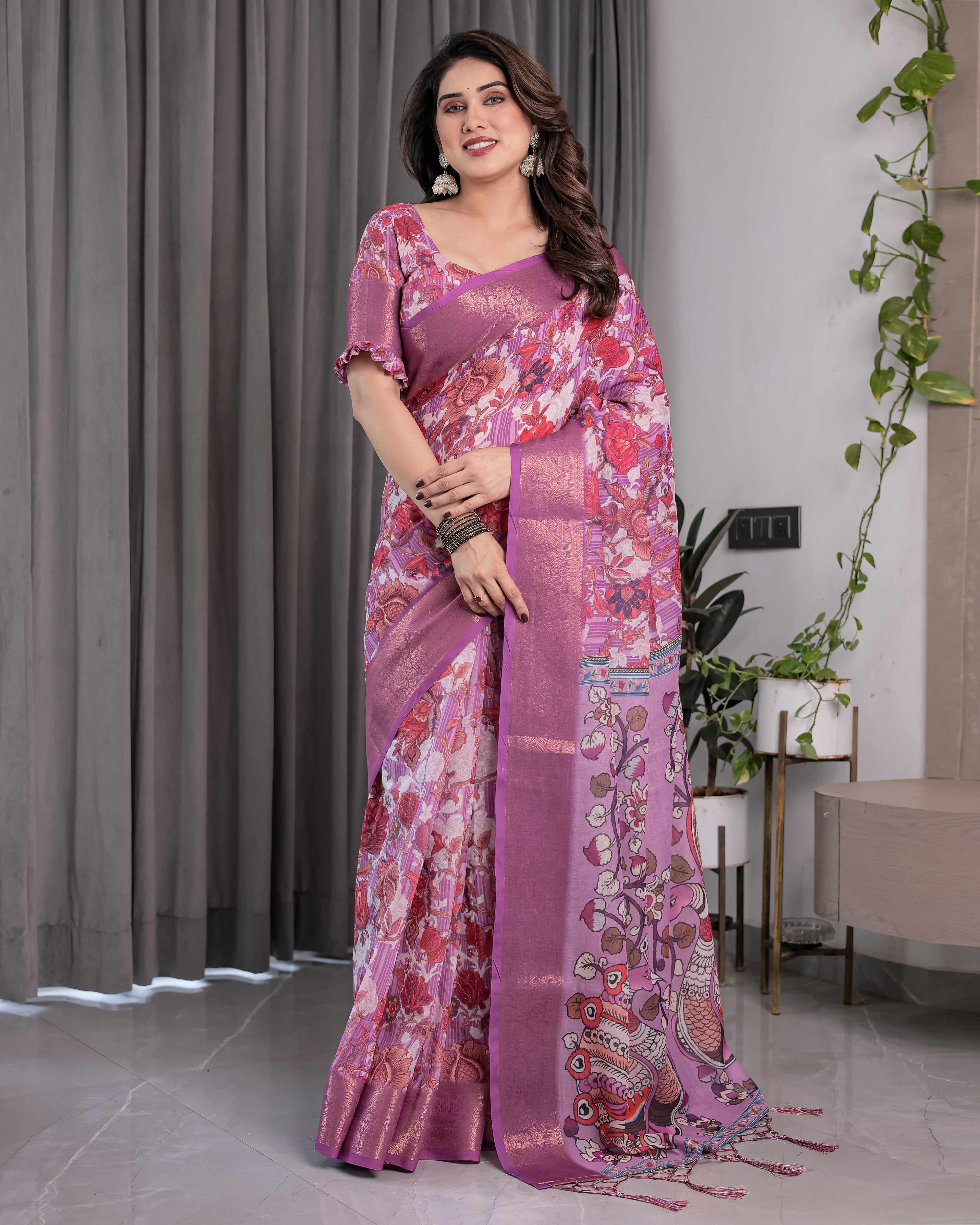 Lavender Pink Handloom Linen Saree with Royal Peacock & Floral Kalamkari Print | Zari Border | 5.5m Saree + 0.8m Blouse Piece