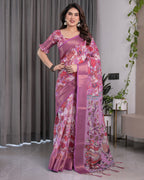 Lavender Pink Handloom Linen Saree with Royal Peacock & Floral Kalamkari Print | Zari Border | 5.5m Saree + 0.8m Blouse Piece