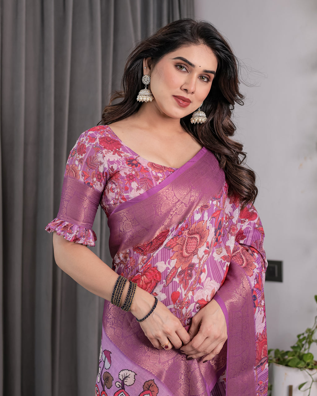 Lavender Pink Handloom Linen Saree with Royal Peacock & Floral Kalamkari Print | Zari Border | 5.5m Saree + 0.8m Blouse Piece