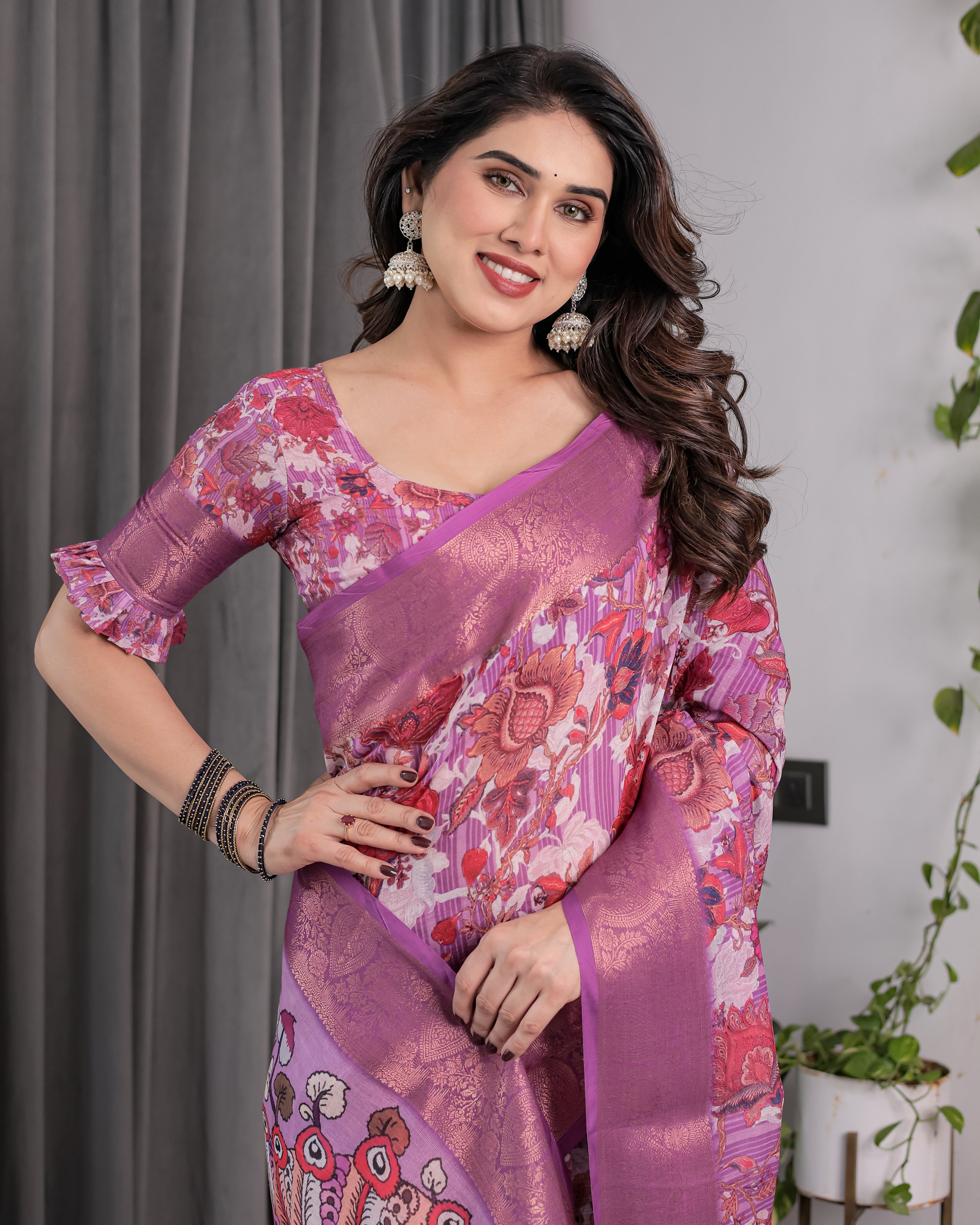 Lavender Pink Handloom Linen Saree with Royal Peacock & Floral Kalamkari Print | Zari Border | 5.5m Saree + 0.8m Blouse Piece