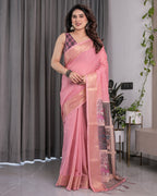 Peach Handloom Cotton Saree with Illustrated Story Panel Prints & Zari Border | Artistic Ethnic Wear | 5.5m Saree + 0.8m Blouse Piece