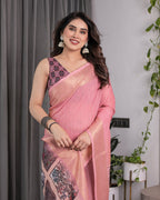 Peach Handloom Cotton Saree with Illustrated Story Panel Prints & Zari Border | Artistic Ethnic Wear | 5.5m Saree + 0.8m Blouse Piece