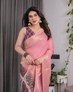 Peach Handloom Cotton Saree with Illustrated Story Panel Prints & Zari Border | Artistic Ethnic Wear | 5.5m Saree + 0.8m Blouse Piece